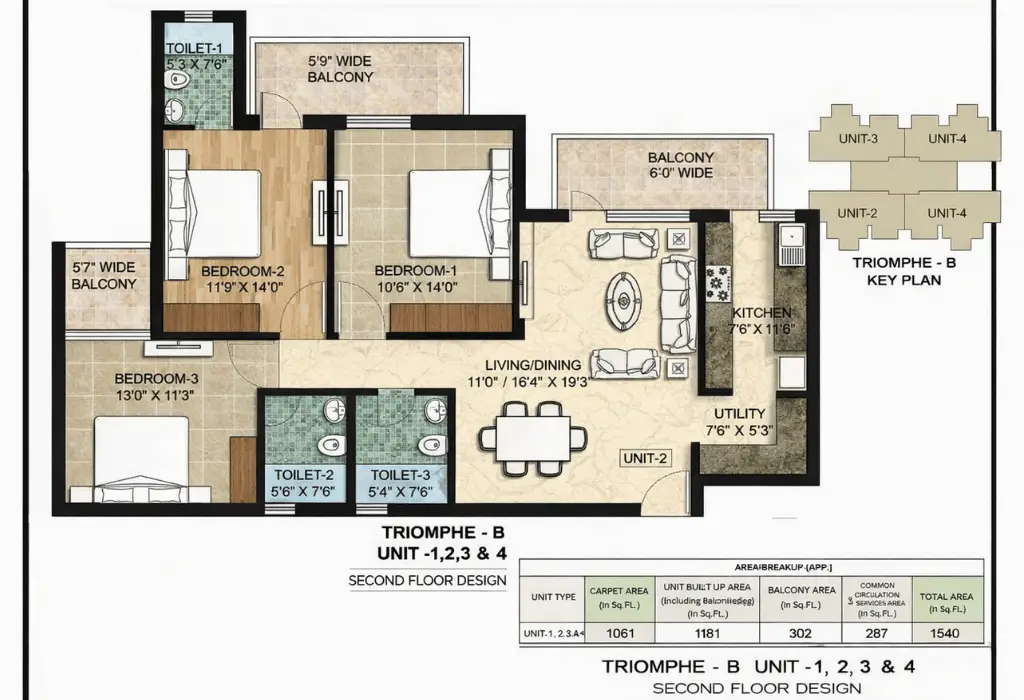 3 BHK &ndash; 2,145 sq.ft.