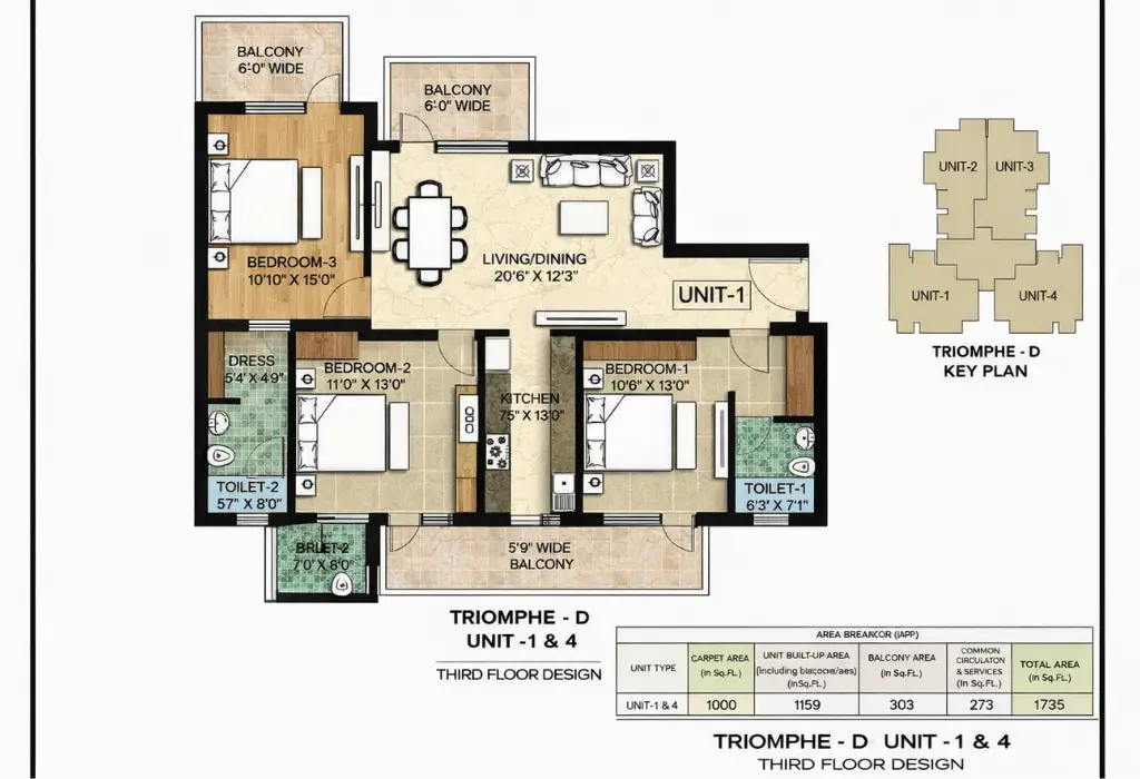 3 BHK &ndash; 1,740 sq.ft.